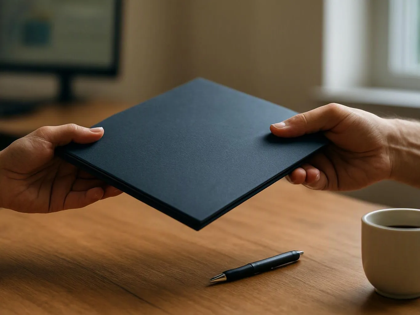 Two hands pass a dark folder over a wooden table with a pen and coffee mug nearby