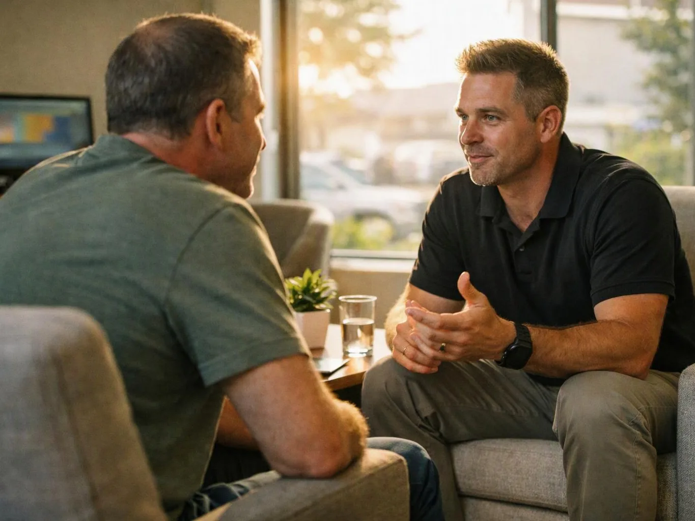 Two men sit facing each other in a bright living room, talking beside a small table with a plant and a glass