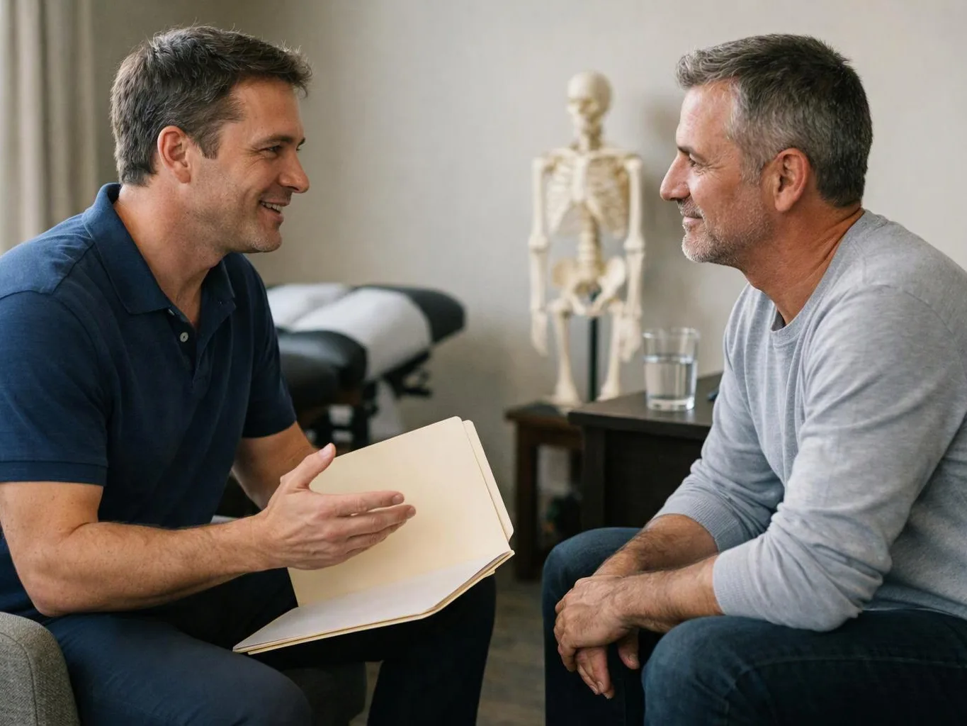 Two men sit facing each other in a clinic room, talking while one holds an open folder