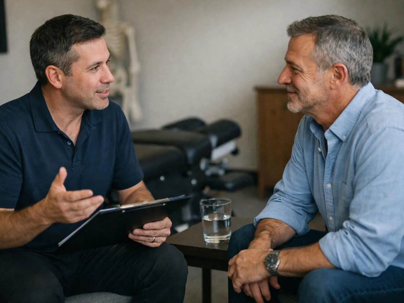 Two men sit facing each other in a room, one holding a clipboard while they talk beside a glass of water