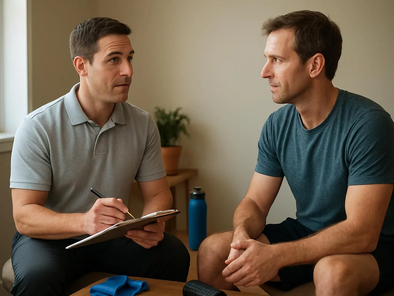 Two men sit indoors facing each other, one taking notes on a clipboard while the other listens quietly