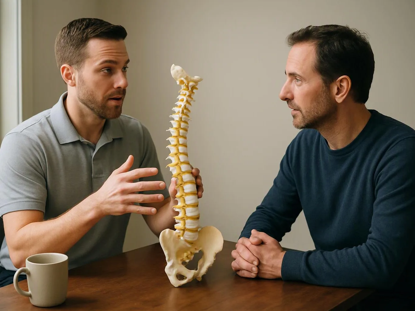 Two men sit at a table discussing a spine model, with a mug beside them in a plain room