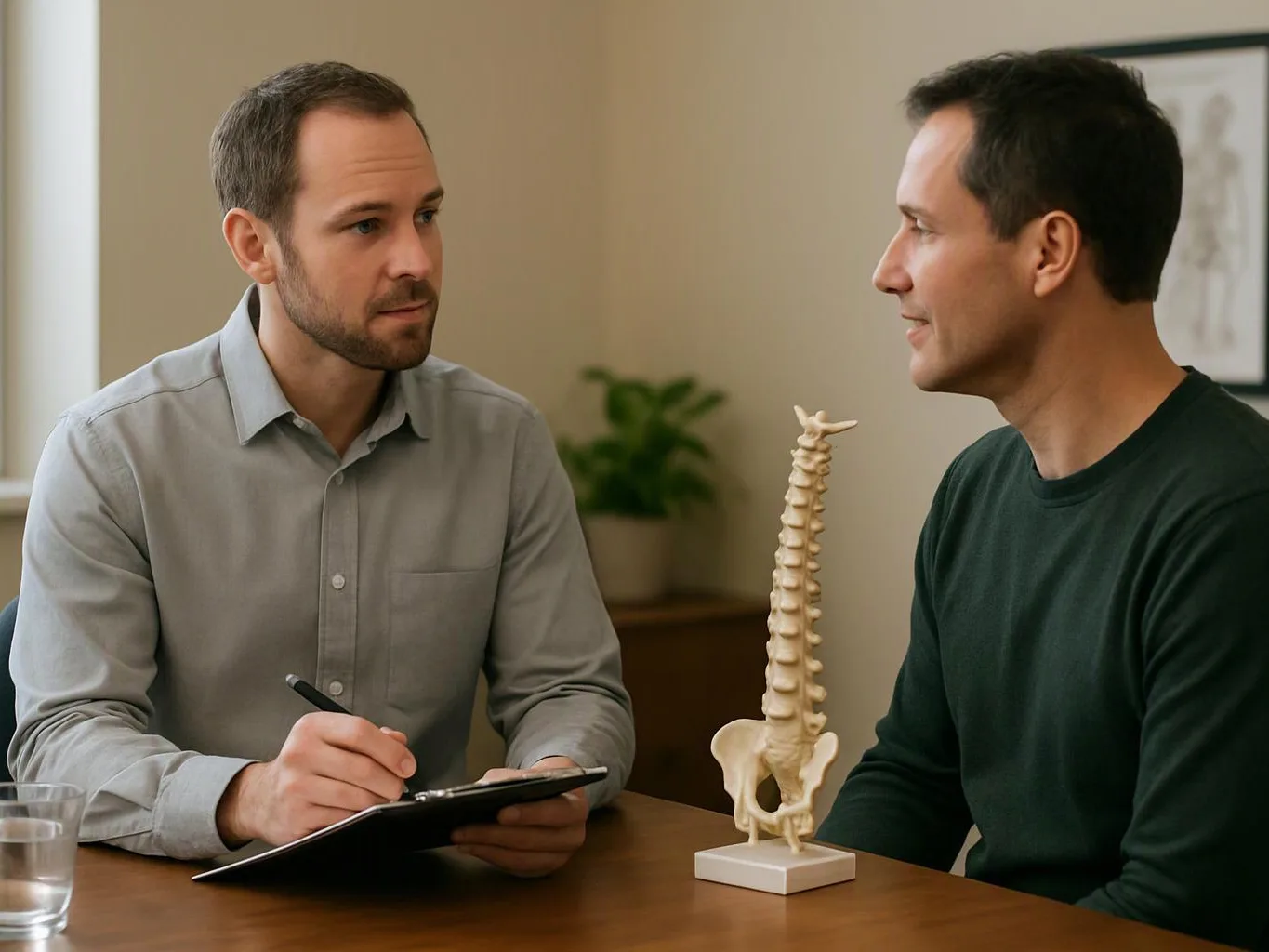 Two men sit at a table in a 상담-like office, talking beside a small spine model and clipboard