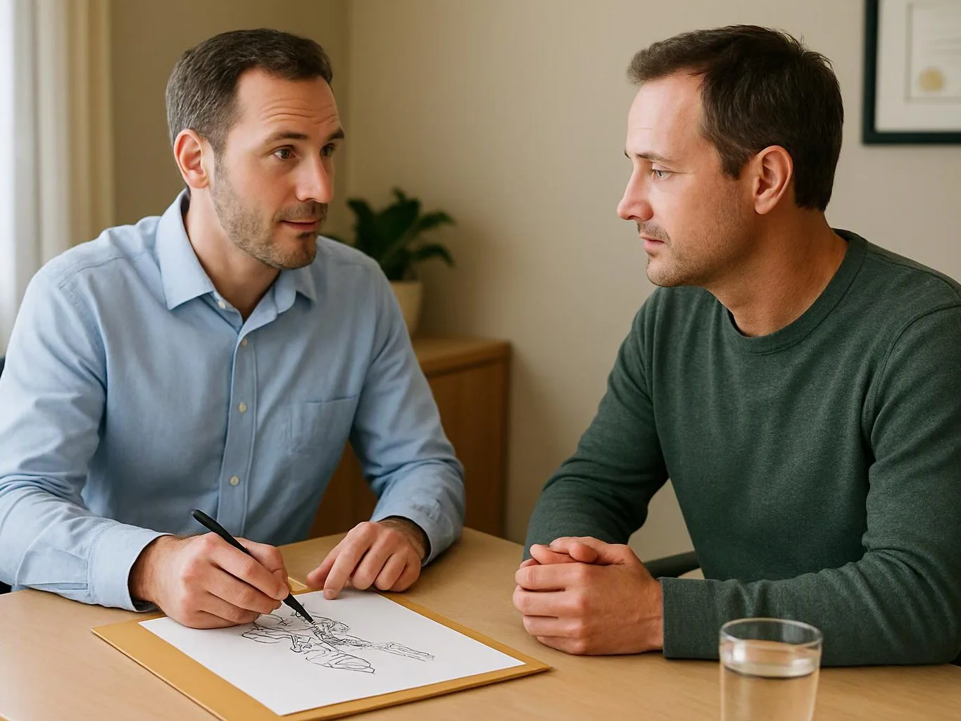 Two men sit at a table, one sketching on paper while the other watches closely in a quiet room