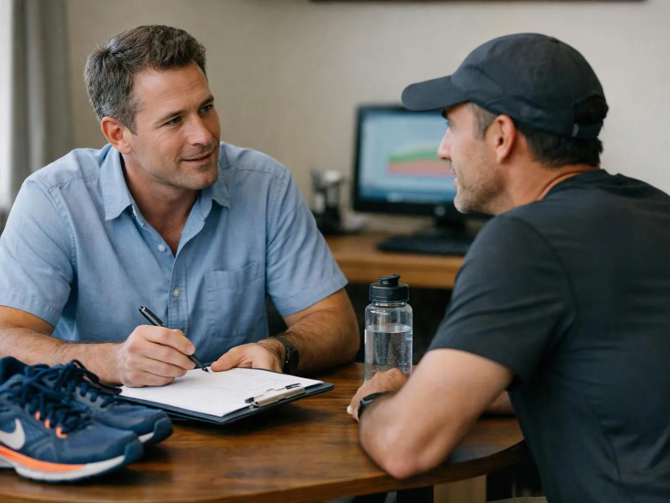 Two men sit at a table talking while one writes on a clipboard beside a water bottle and running shoes
