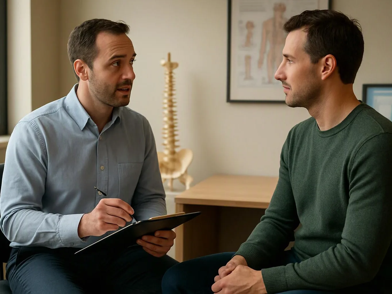 Two men sit talking in a clinic room, one holding a clipboard beside a spine model and anatomy chart