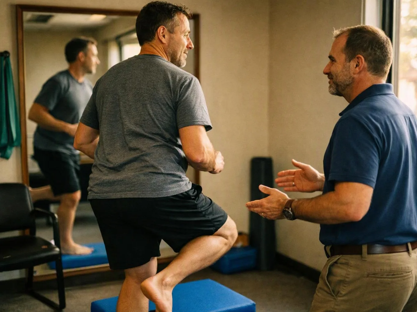 Two men stand in a room with blue step blocks and a mirror, one balancing on one leg while the other gestures nearby