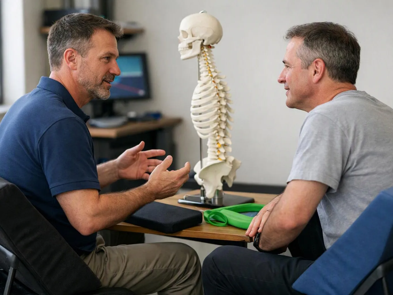 Two men talk across a table with a spine model in a bright clinic room