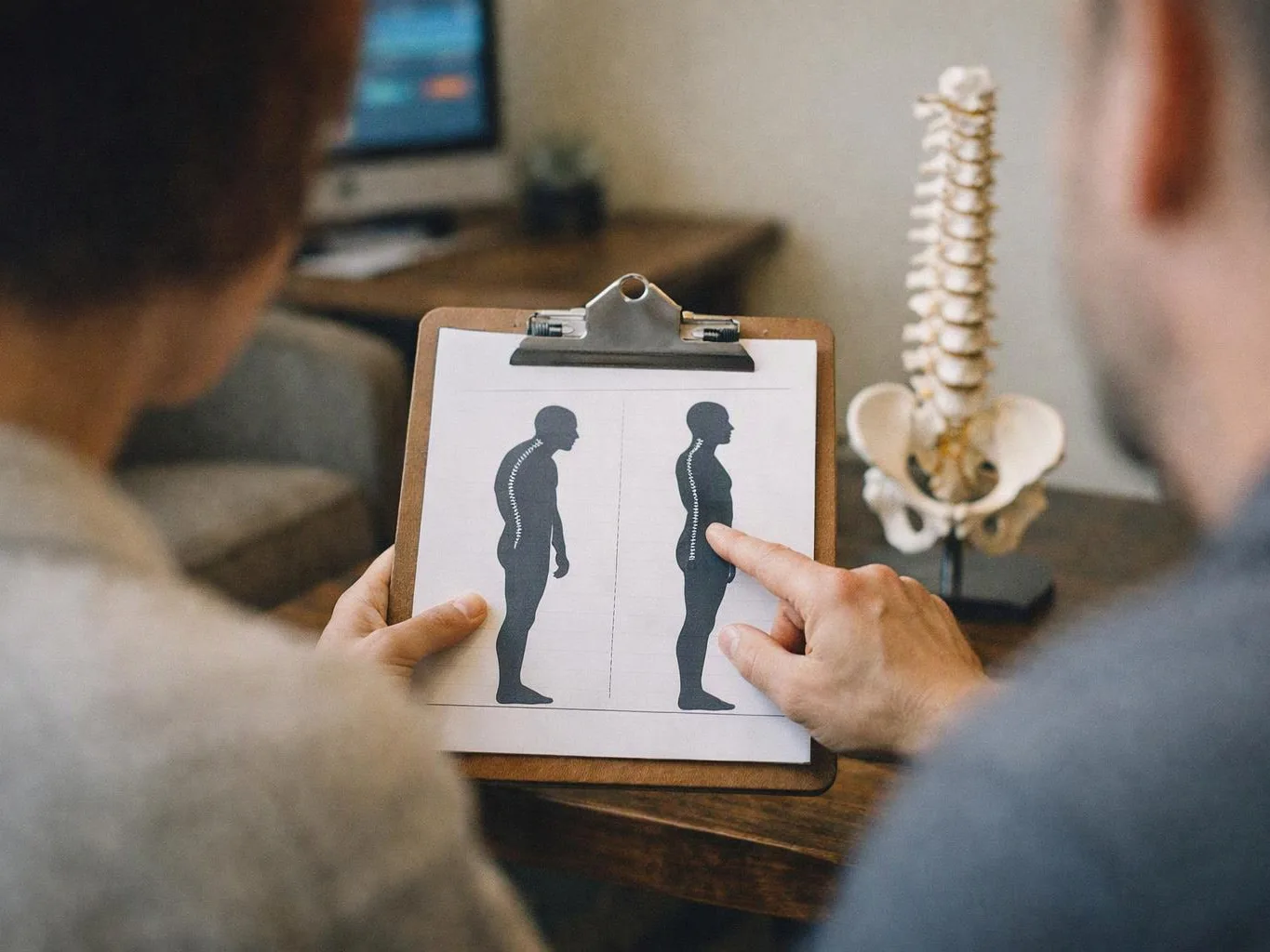 Two people study a clipboard showing spine alignment diagrams beside a desk model of a human spine