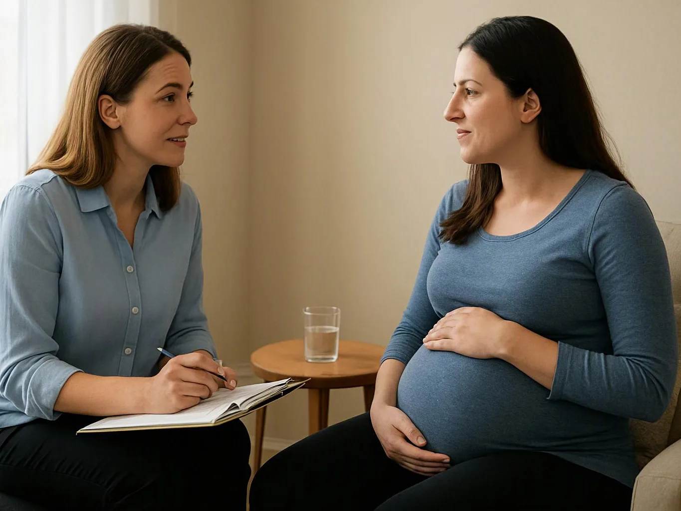 Two women sit facing each other in a calm room, one taking notes while the other rests a hand on her pregnant belly