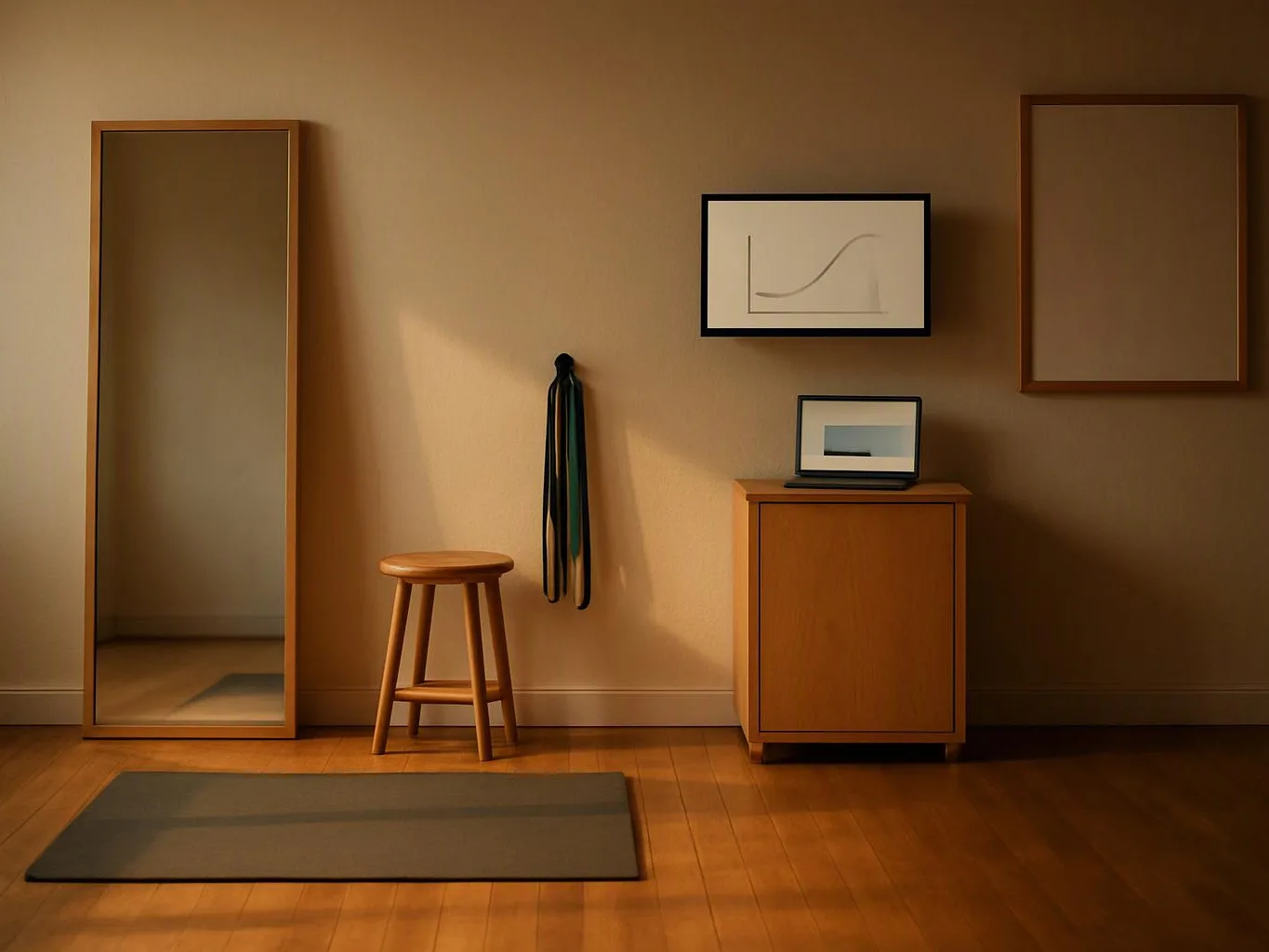 A warm minimalist room with a mirror, stool, hanging straps, cabinet, framed art, and a yoga mat