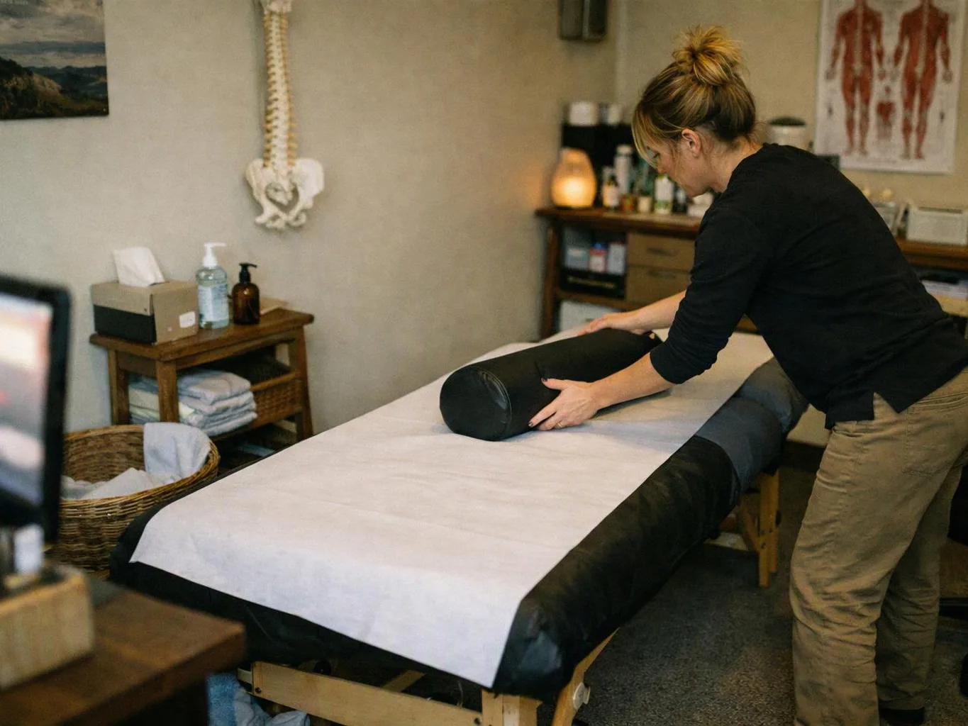 A woman adjusts a black cylindrical cushion on a massage table in a treatment room