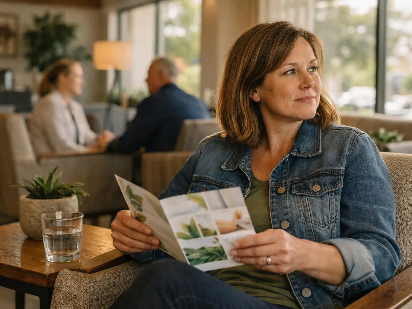 Woman in a denim jacket reads a brochure beside a glass of water in a bright lounge