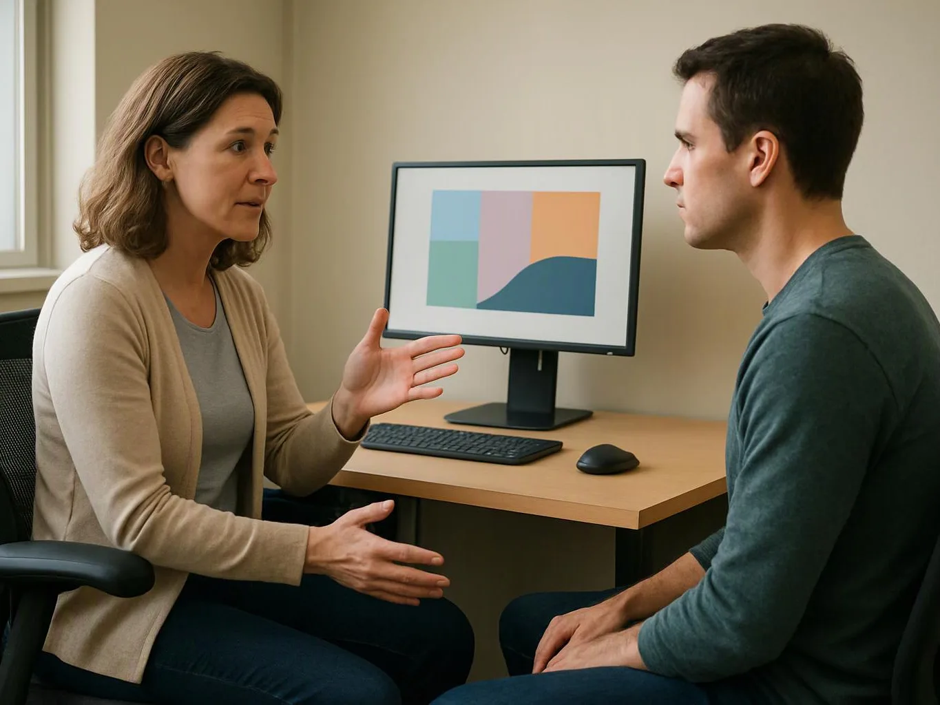 A woman gestures while talking to a man across a desk with a computer monitor showing abstract colored blocks