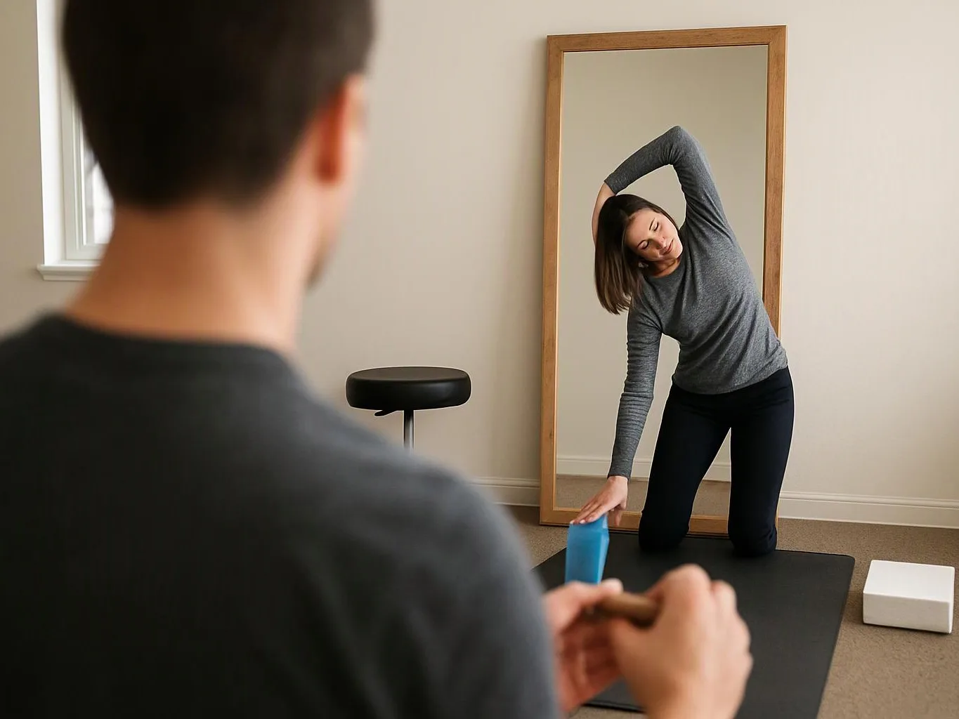 A woman kneels on a mat and stretches beside a mirror while a man watches in the foreground