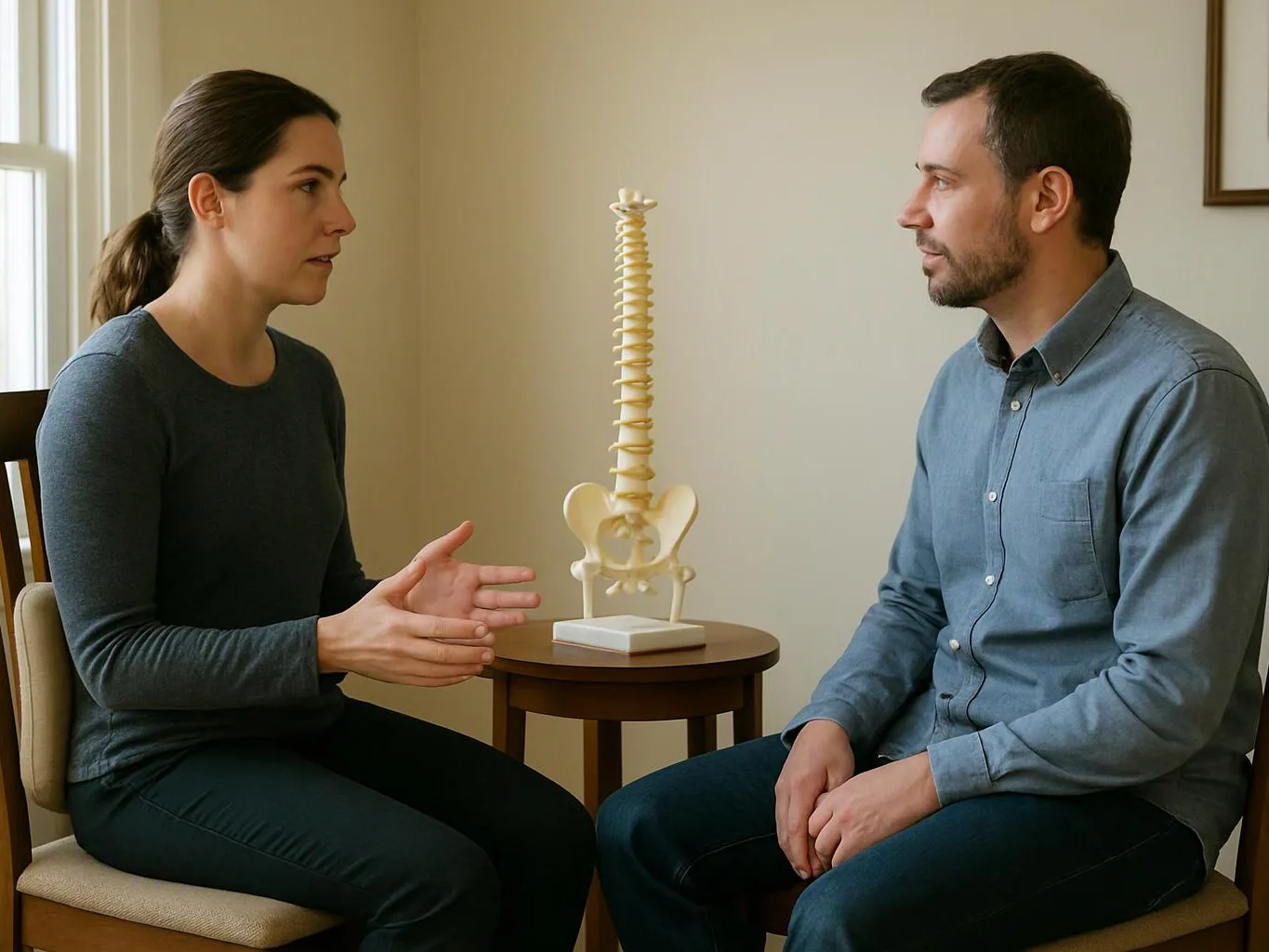 A woman and man sit facing each other beside a spine model in a plain room