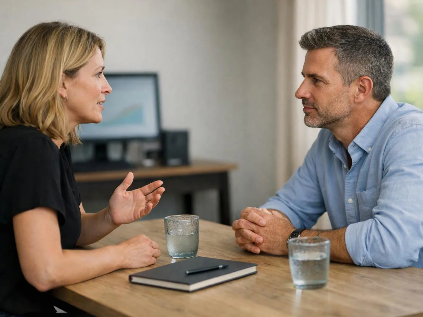 A woman and a man sit at a table, talking across a notebook and two glasses of water