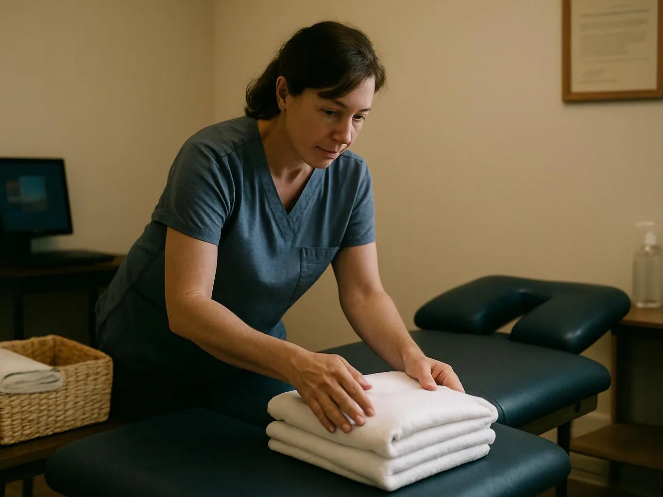 A woman in scrubs folds white towels on a massage table in a calm treatment room