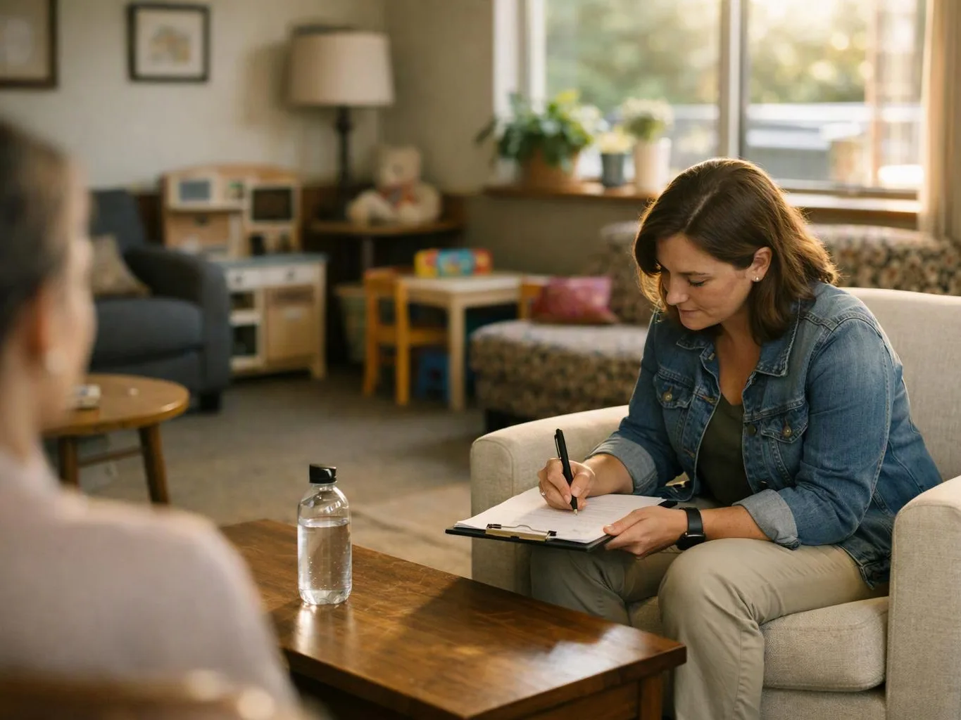 A woman sits in a living room, writing on a clipboard while another person sits blurred in the foreground