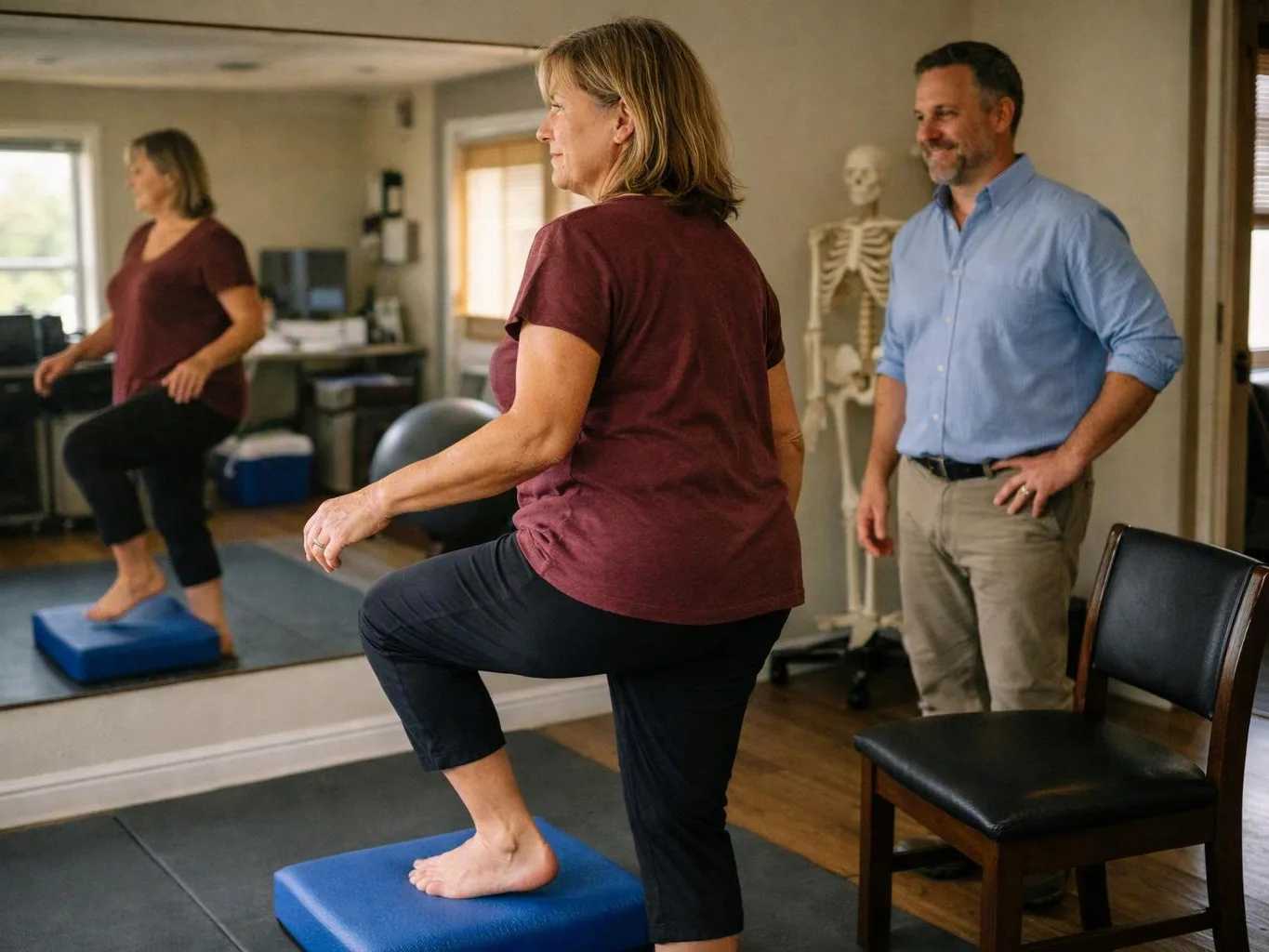 A woman stands on a blue step platform while a man watches in a small exercise room with a mirror and skeleton model
