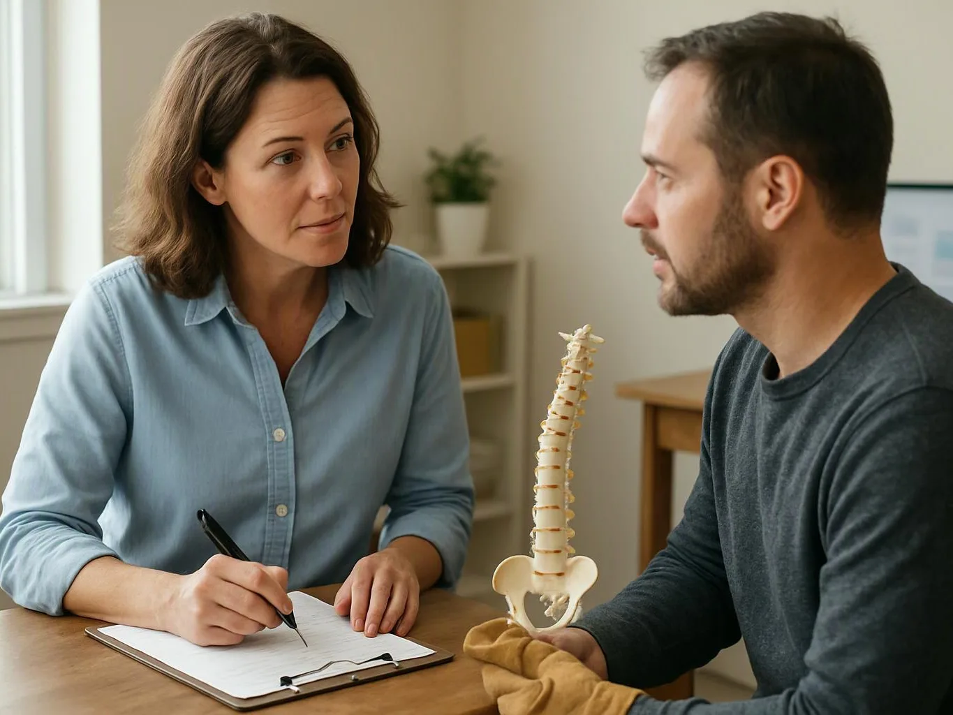 A woman writes notes while talking with a man beside a model spine in a bright room