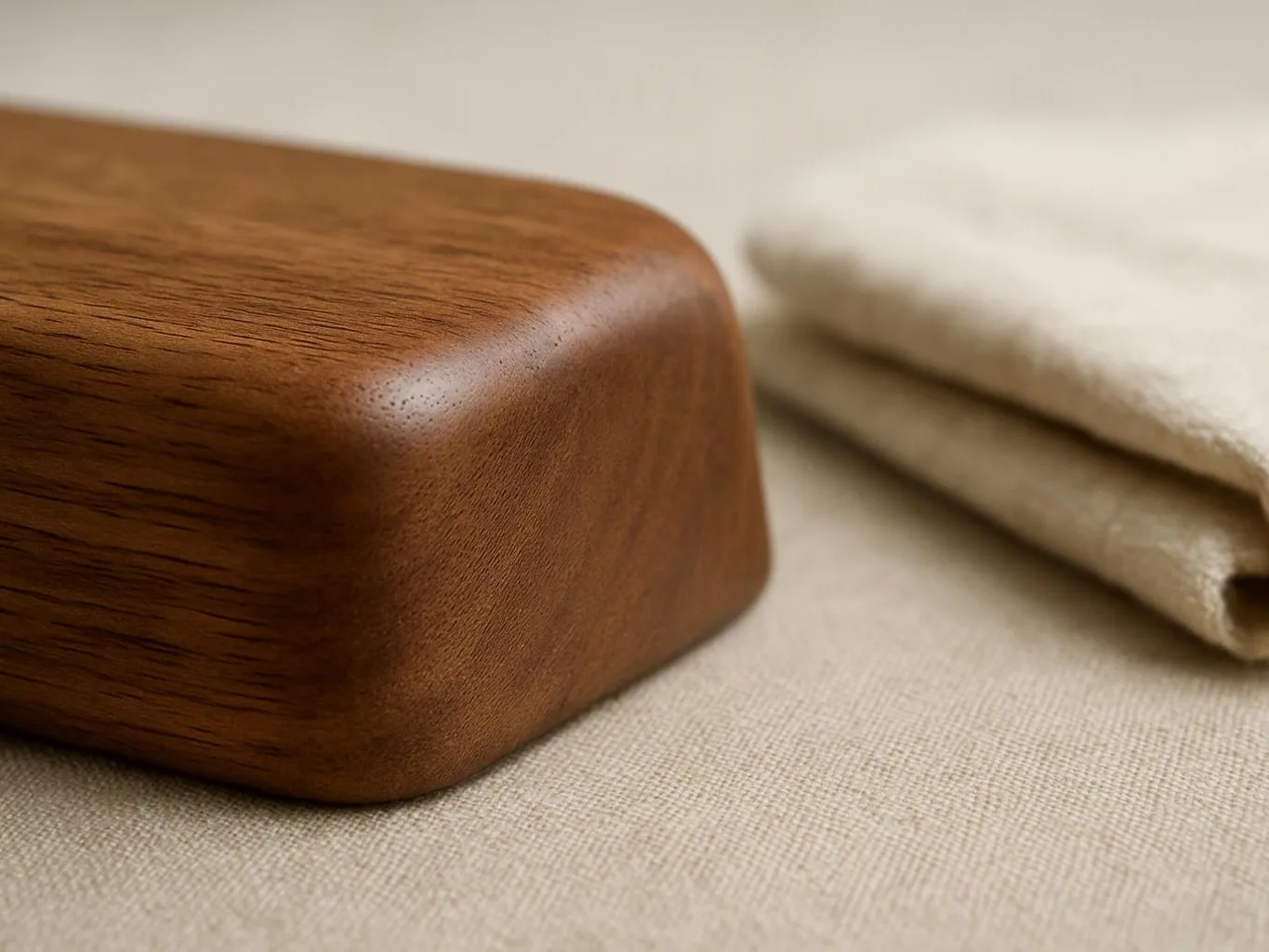 A wooden block sits on beige fabric beside a folded white cloth