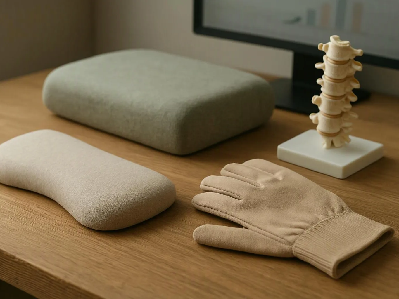 A wooden desk holds a beige glove, two padded cushions, and a small spine model beside a monitor
