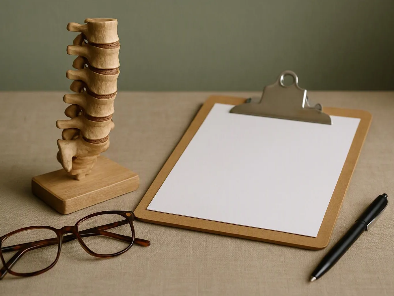 A wooden spine model sits beside a blank clipboard, with glasses and a pen on a beige tabletop