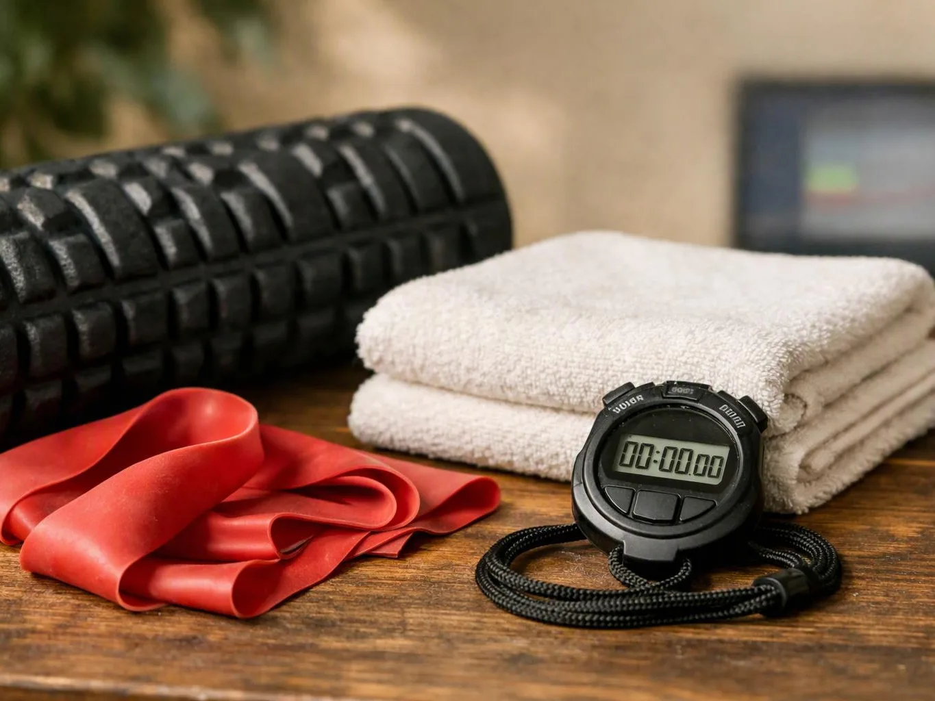 Workout gear sits on a wooden table, including a foam roller, towels, red resistance bands, and a stopwatch