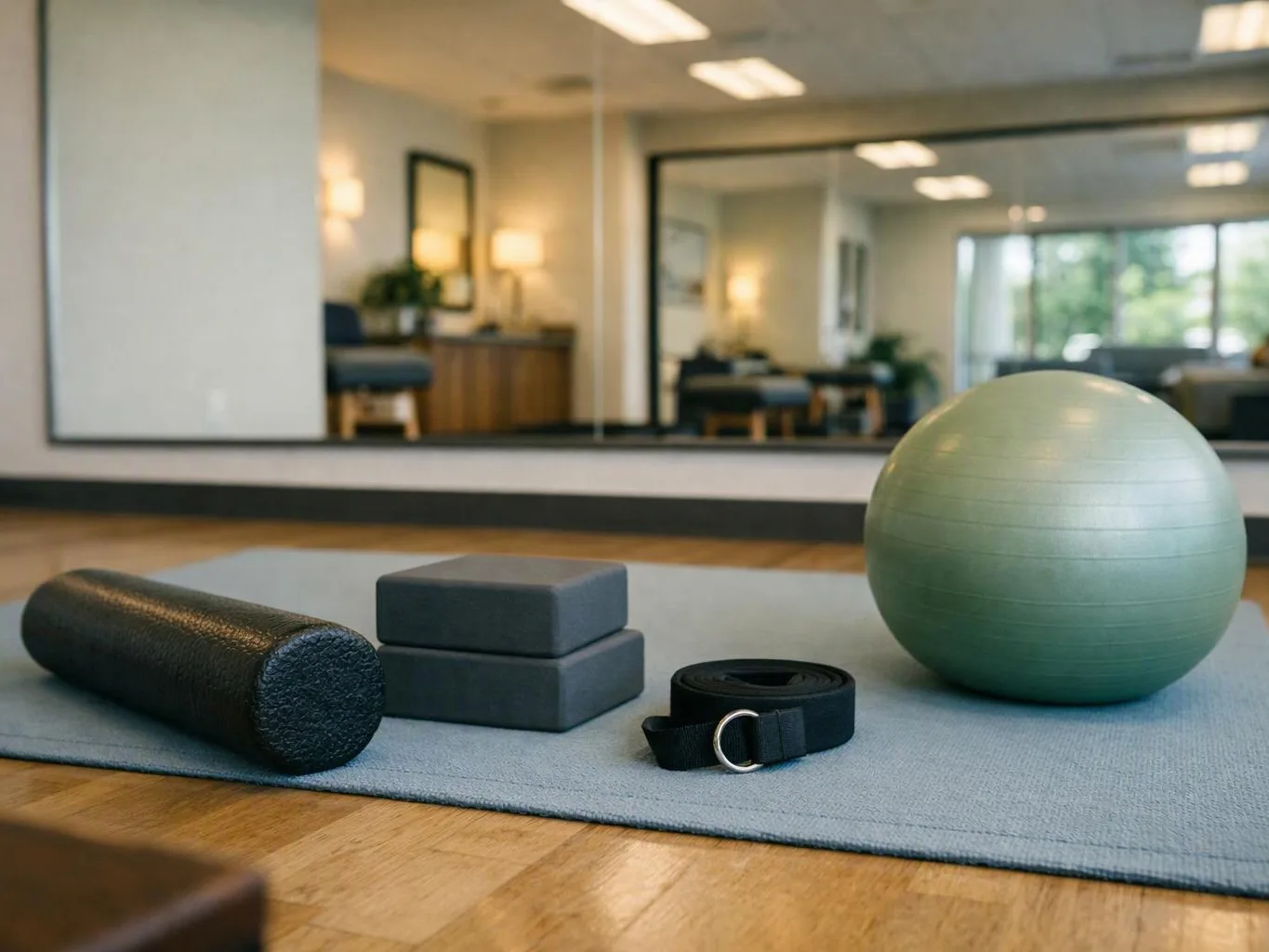 Yoga props rest on a mat in a mirrored studio with soft lighting